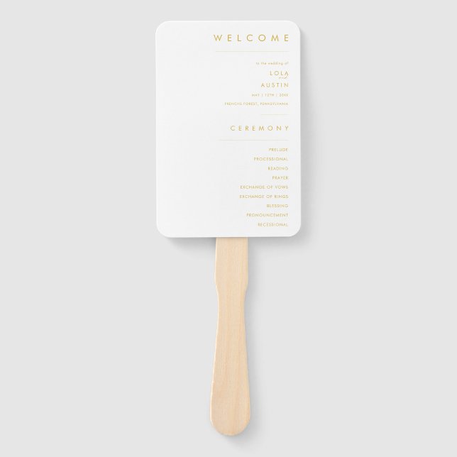 Modern Minimalist Gold Wedding Program Hand Fan (Front)