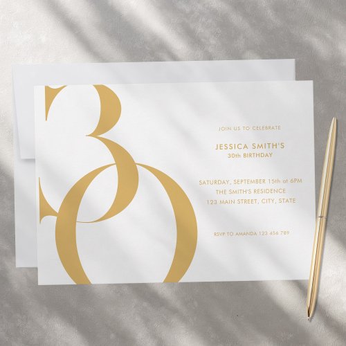 Modern Minimalist Gold White 30th Birthday Invitation