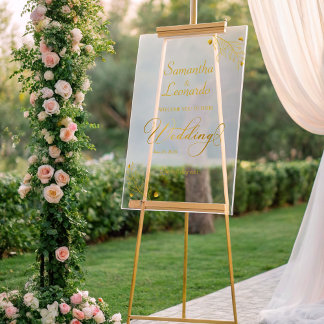 Modern Minimalist Golden Floral Wedding Welcome Acrylic Sign