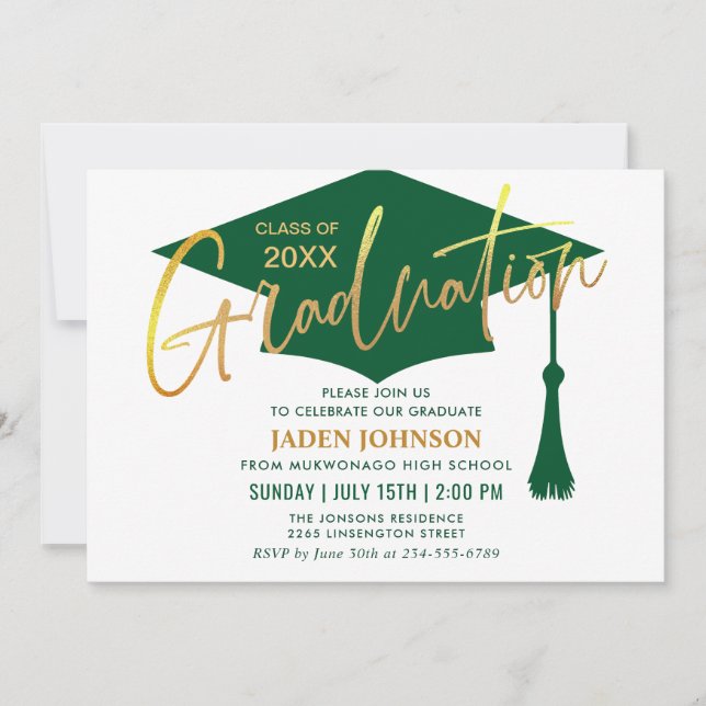 Modern Minimalist Golden Green Graduation Party Invitation (Front)