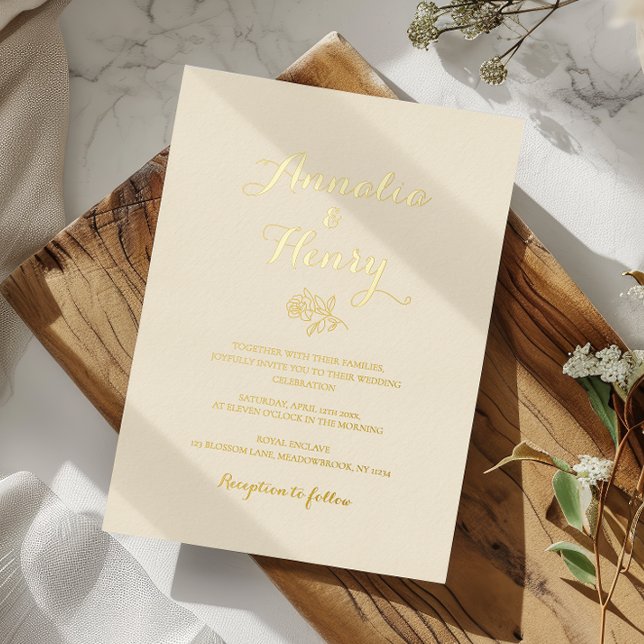 Modern Minimalist Golden Rose Line Art Wedding Foil Invitation (modern minimalist gold creme wedding invitation)