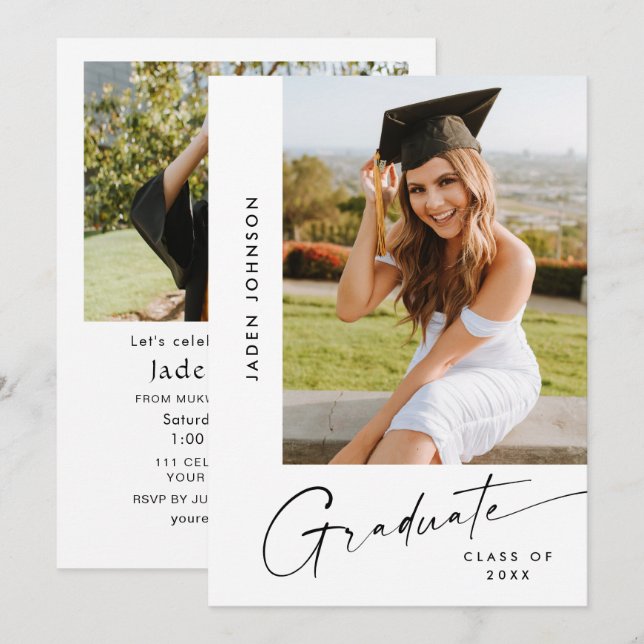 Modern Minimalist Grad 2 PHOTO Graduation Party Invitation (Front/Back)