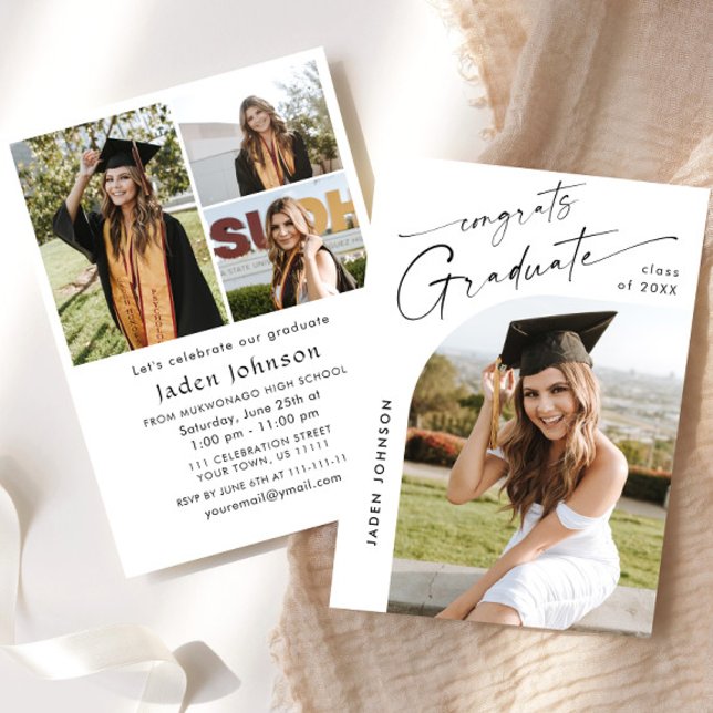Modern Minimalist Grad 4 PHOTO Graduation Party Invitation (Creator Uploaded)