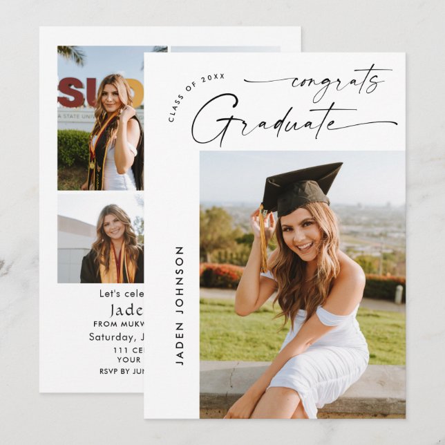 Modern Minimalist Grad 5 PHOTO Graduation Party Invitation (Front/Back)
