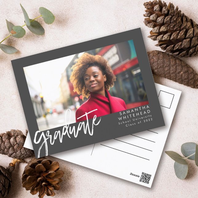 Modern Minimalist Graduate Photo Dark Grey Postcard (Modern simple graduate chalk script postcard for the minimalistic grad.)