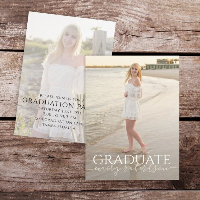 Modern Minimalist Graduate Photo Script Design Invitation (Stylish minimalist graduation invitation with two-photo senior template.)