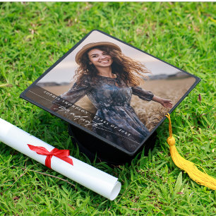 Modern Minimalist Graduate Photo White Script Graduation Cap Topper