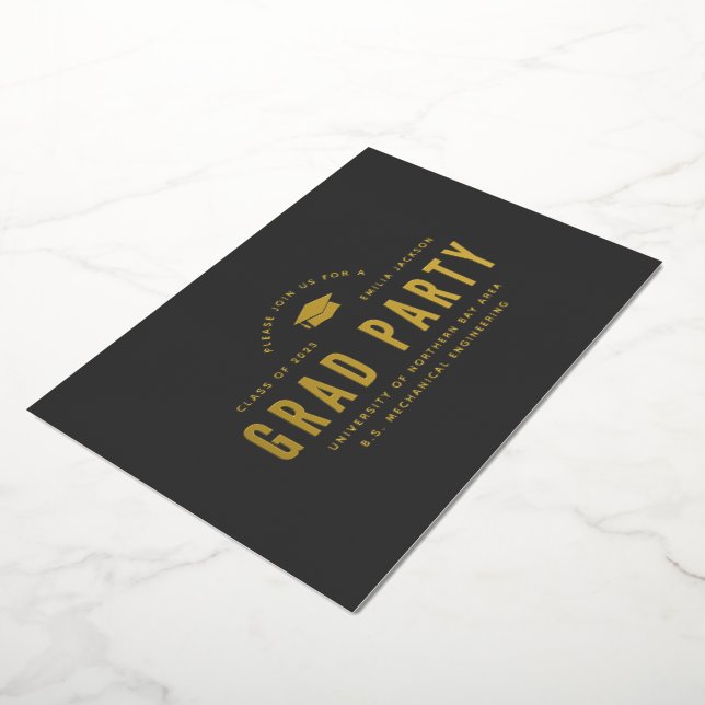 Modern Minimalist Graduation 2023 Black Gold Party Foil Invitation (Rotated)