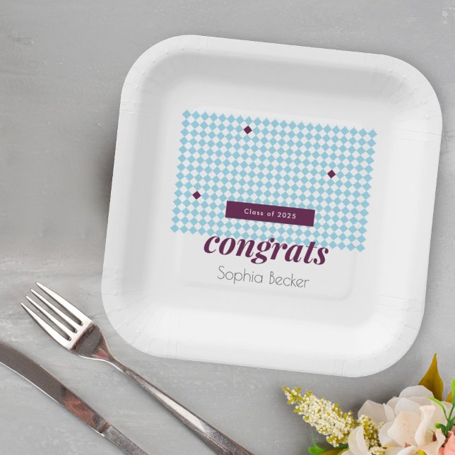  Modern Minimalist Graduation Cap Blue Pattern Paper Plates (Creator Uploaded)