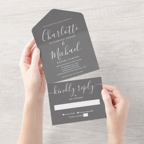 Modern Minimalist Gray And White Script Wedding All In One Invitation