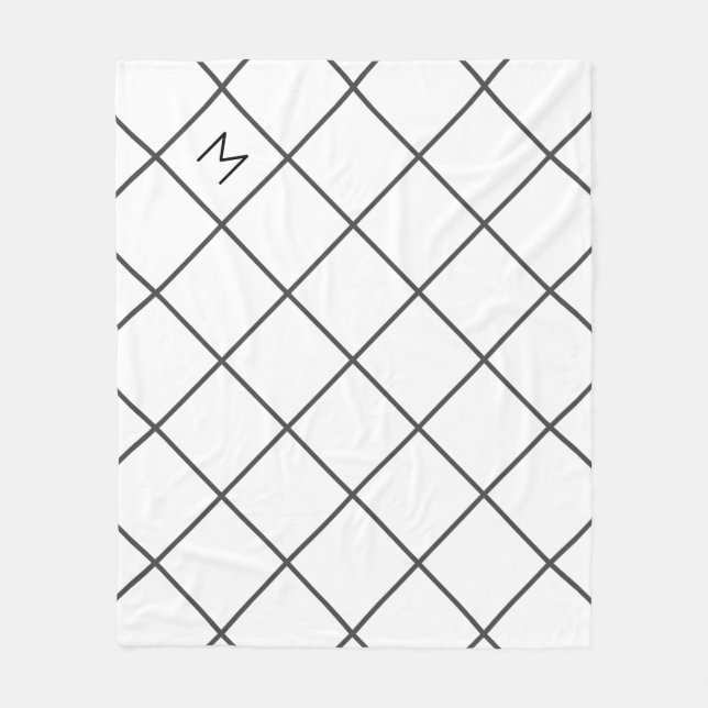 Modern Minimalist Gray Grid Lines | Monogram Fleece Blanket (Front)