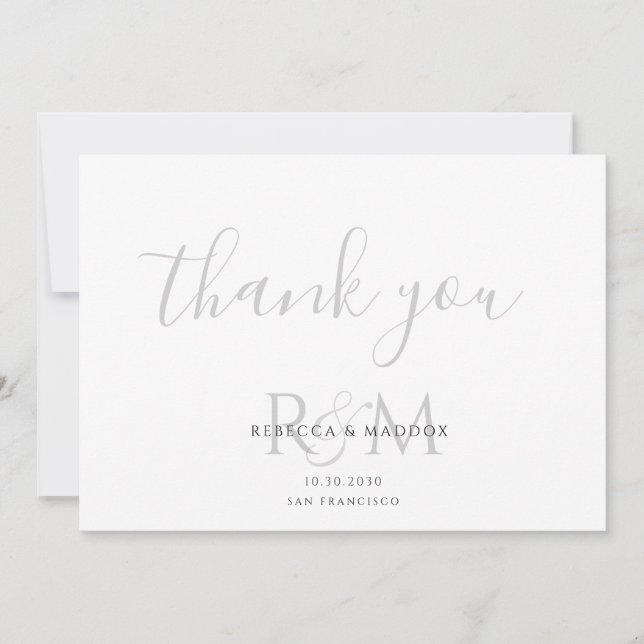 Modern Minimalist Gray Monogram Wedding Thank You Card (Front)