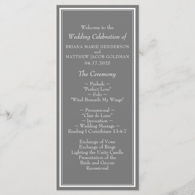 Modern Minimalist Gray Wedding Program (Front)