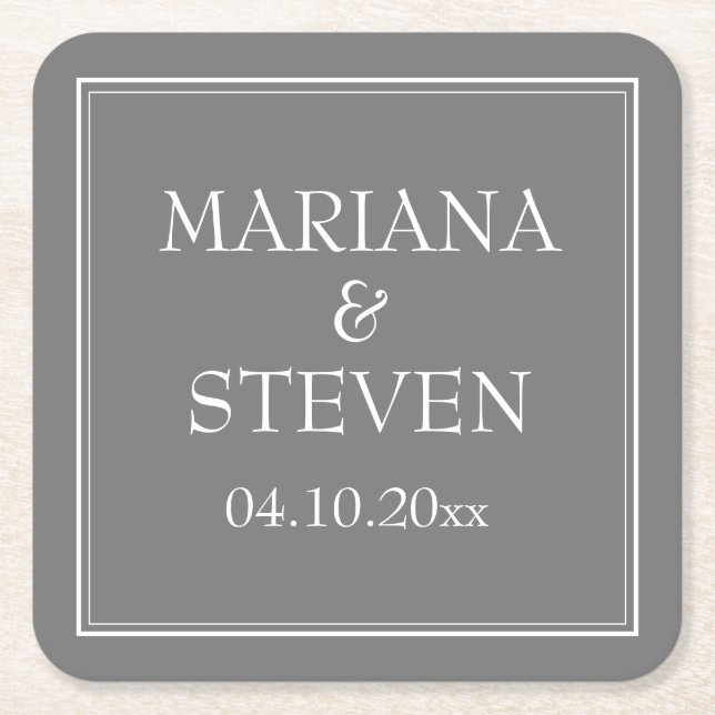 Modern Minimalist Gray Wedding Square Paper Coaster (Front)