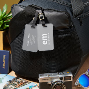 Modern Minimalist Gray White Monogrammed Travel Luggage Tag