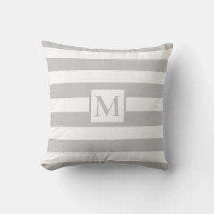 Modern minimalist gray white strips Monogram Outdoor Pillow