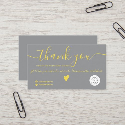Modern minimalist gray yellow order thank you business card