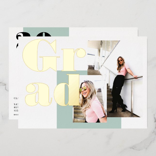 Modern minimalist green 2 photos graduation foil invitation (Front/Back)