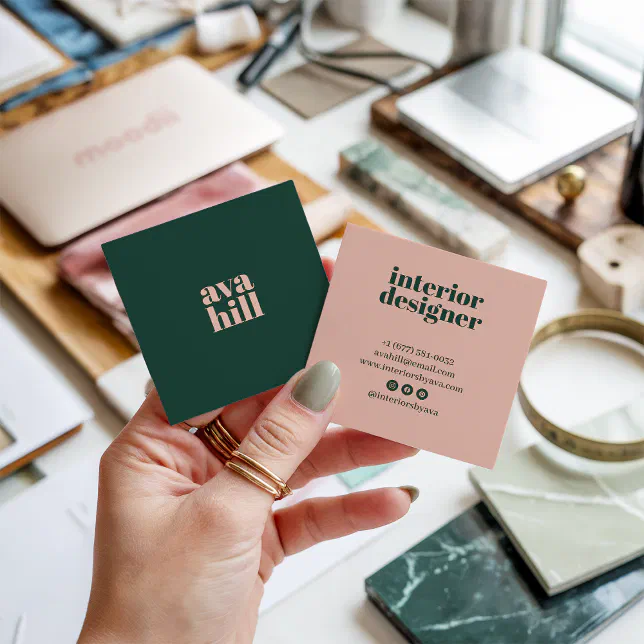 Modern minimalist green and pink professional logo square business card
