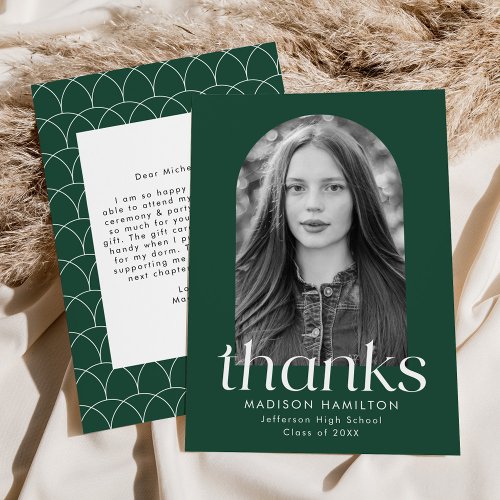 Modern Minimalist Green Arch Photo Graduation Thank You Card