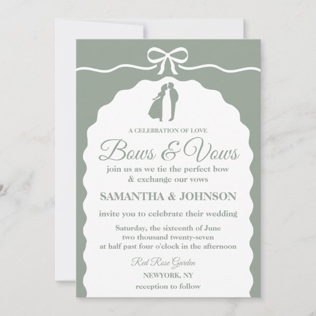 Modern Minimalist Green Bows & Ribbons Wedding Invitation (Front)