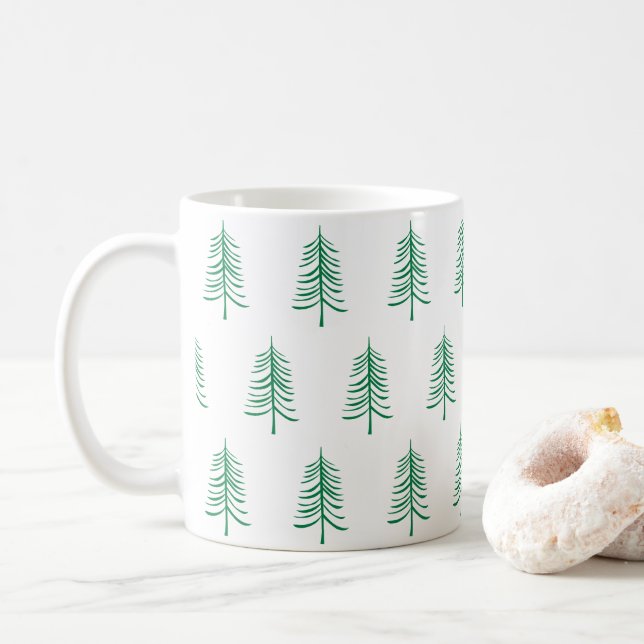 Modern Minimalist Green Christmas Tree Pattern Coffee Mug (With Donut)