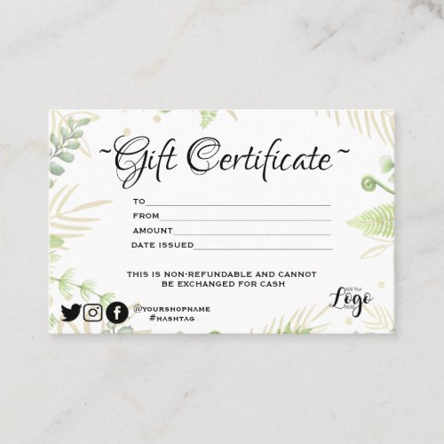 Modern minimalist green fern  Gift certificate