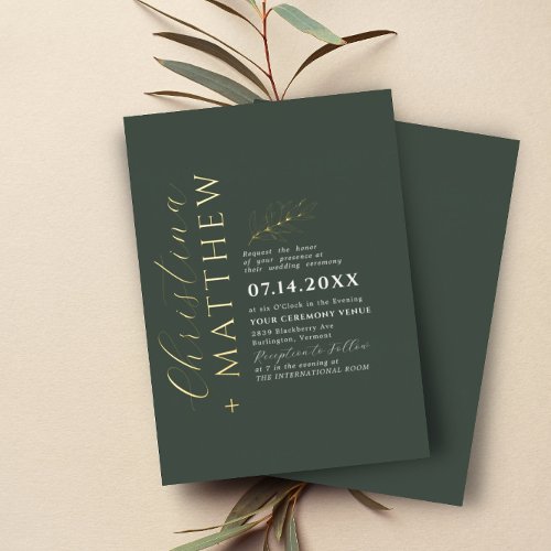 Modern Minimalist Green Forest Wedding Gold Foil Invitation