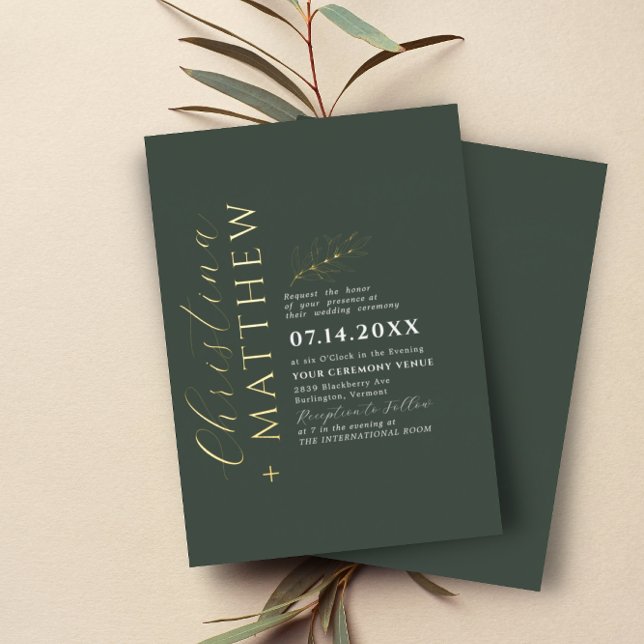 Modern Minimalist Green Forest Wedding Gold Foil Invitation (Creator Uploaded)