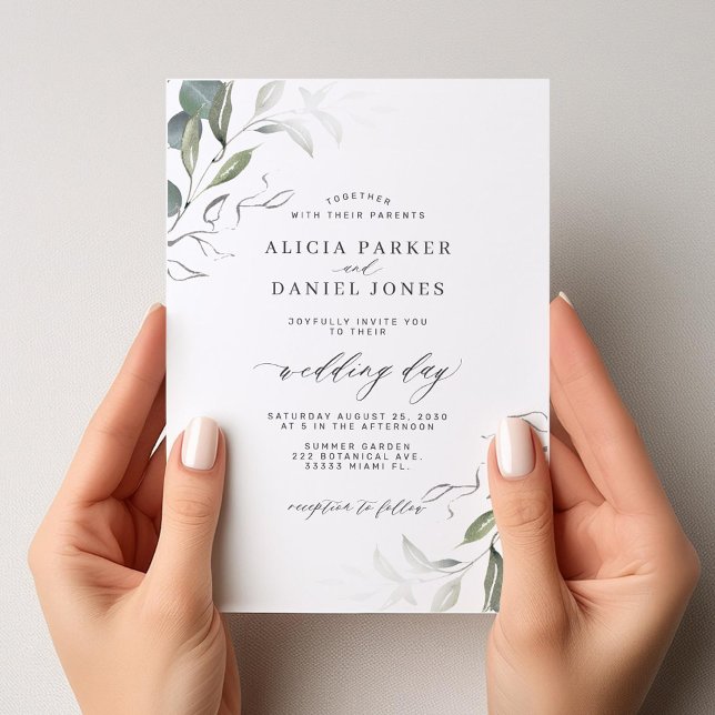 Modern minimalist green leaf wedding invitation (Creator Uploaded)