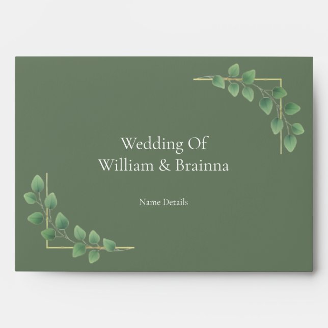 Modern Minimalist Green Leave Wedding  Envelope (Front)