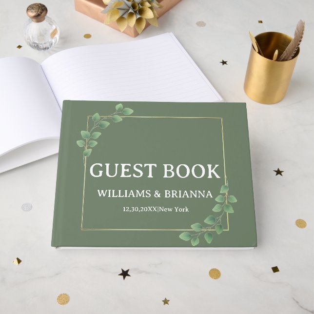 Modern Minimalist Green Photo Wedding Guest Book (Front Open)