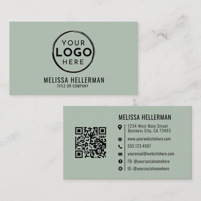 Modern Minimalist Green Professional Logo QR Code Business Card (Front/Back)