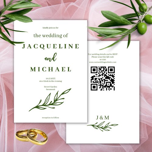 Modern Minimalist Green QR code RSVP Wedding Invitation