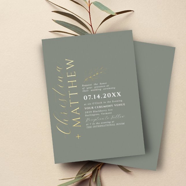 Modern Minimalist Green Sage Wedding Gold Foil Invitation (Creator Uploaded)