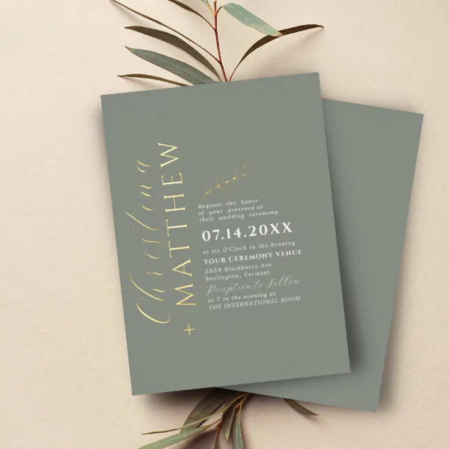 Modern Minimalist Green Sage Wedding Gold Foil Invitation | Zazzle
