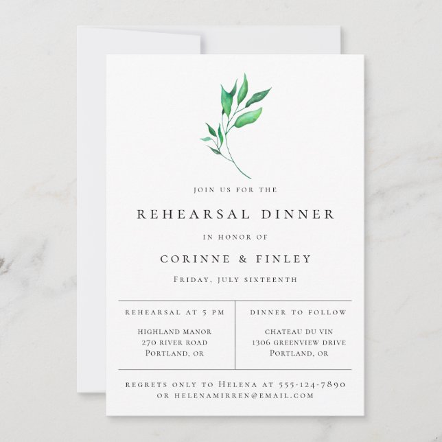 Modern Minimalist Greenery Rehearsal Dinner Announcement (Front)