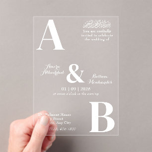 Modern Minimalist Grey and White Islamic Wedding Acrylic Invitations