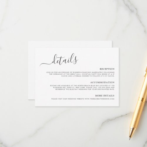 Modern Minimalist Grey Calligraphy Wedding Details Enclosure Card