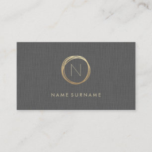 Modern Minimalist Grey Linen Elegant Gold Monogram Business Card