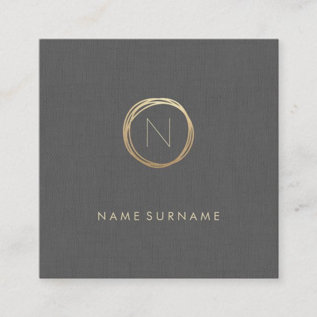 Modern Minimalist Grey Linen Elegant Gold Monogram Square Business Card (Front)