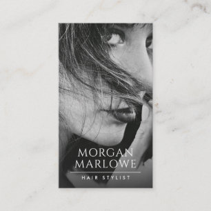 Modern Minimalist Hair Stylist Black White Photo Business Card