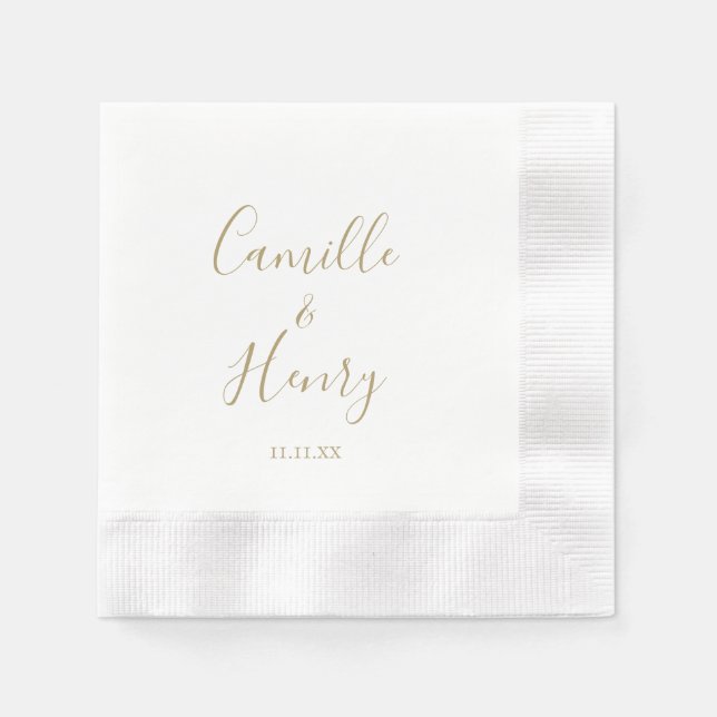 Modern Minimalist Handwritten Gold Elegant Wedding Napkins (Front)