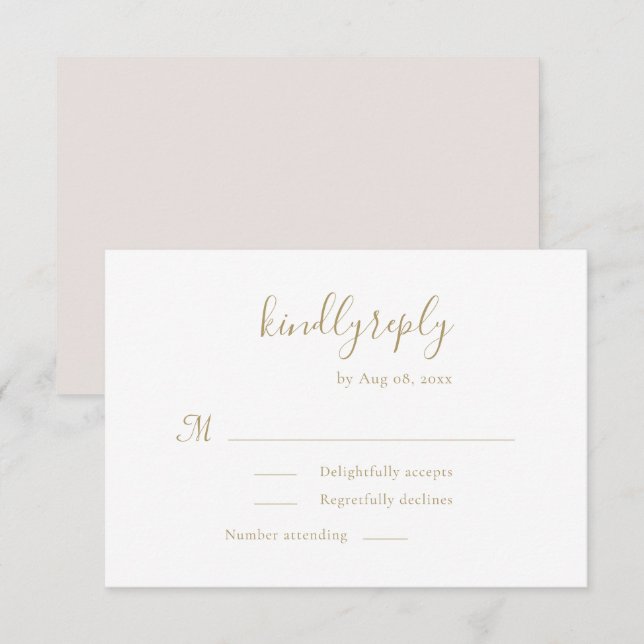 Modern Minimalist Handwritten Gold White Wedding RSVP Card (Front/Back)