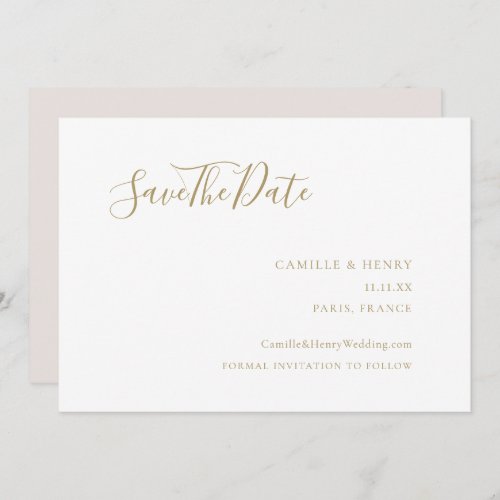 Modern Minimalist Handwritten Gold White Wedding Save The Date