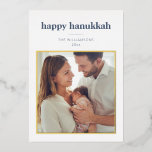 Modern Minimalist Hanukkah Photo Letter Gold Foil Holiday Card<br><div class="desc">This elegant Hanukkah card features a clean modern layout with a gold foil frame that beautifully highlights your family photo. The navy typography adds a classic, timeless feel while keeping the message simple and meaningful. Soft textured background details give the design a warm, elevated finish. Easy to customize and perfect...</div>