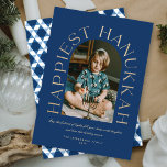 Modern Minimalist Happiest Hanukkah Arc Photo Card<br><div class="desc">This stylish and minimalist holiday card design features an arc photo template and big classic faux gold foil greeting in the words, 'HAPPIEST HANUKKAH' wrapping around the edge of the arch frame on a dark blue background. Additional wishes and the family name are located near the bottom. The back of...</div>