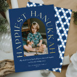 Modern Minimalist Happiest Hanukkah Arc Photo Foil Foil Holiday Card<br><div class="desc">This stylish and minimalist holiday card design features an arc photo template and big classic serif foil pressed greeting in the words, 'HAPPIEST HANUKKAH' wrapping around the edge of the arch frame on a dark blue background. Additional wishes and the family name are located near the bottom. The back of...</div>