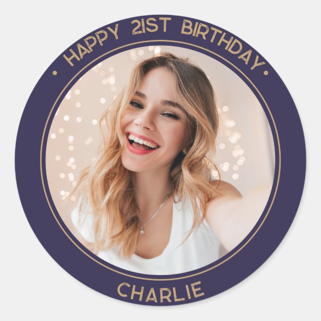Modern Minimalist Happy 21st Birthday Photo Gold Classic Round Sticker (Front)