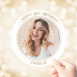 Modern Minimalist Happy 21st Birthday Photo Gold Classic Round Sticker<br><div class="desc">Personalized Happy 21st Birthday Sticker is a simple, modern and classic design in White and gold, composed of your custom photo and sans serif modern typography text with the words "Happy 21st Birthday". Use this sticker as a gift tag, a happy 21st bday party favor sticker or even a cupcake...</div>